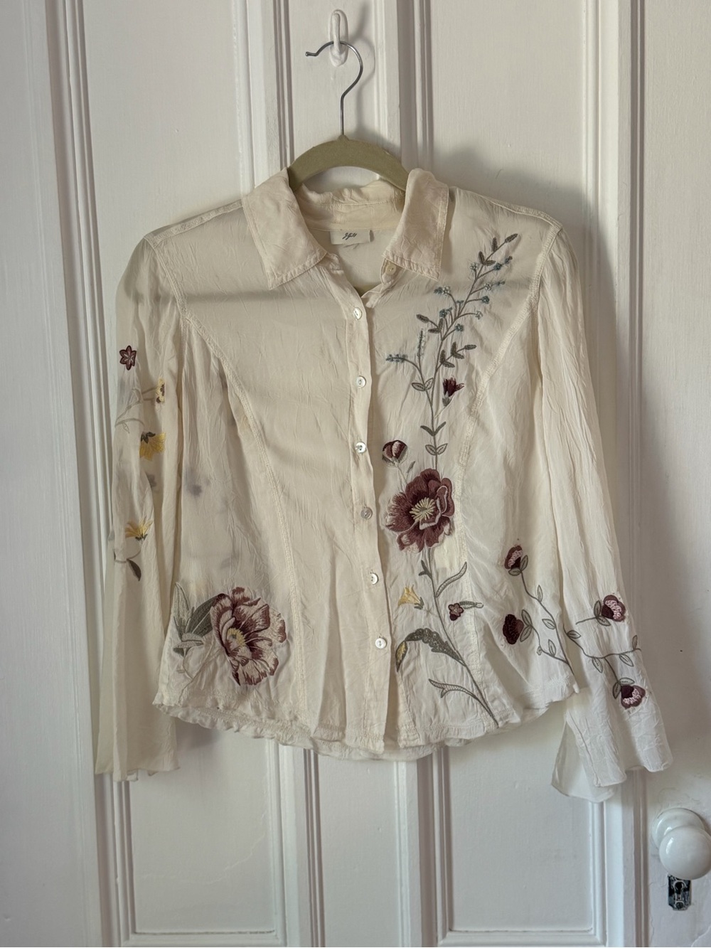 Women’s J Jill Ivory Sheer Button Down Embroidered Floral Blouse Size XS